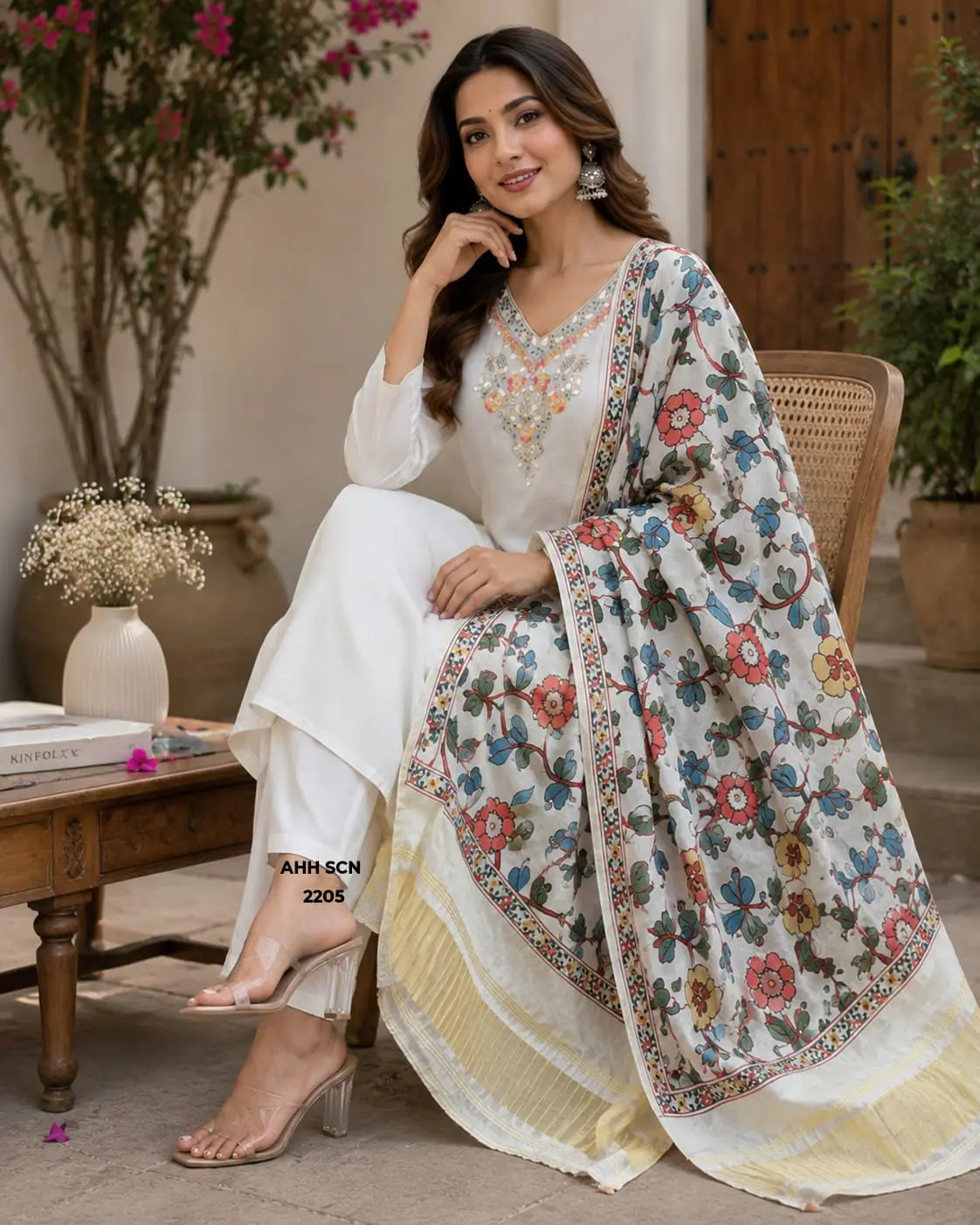 Off-White Premium Roman Silk V-Neck Straight Kurta with  Floral Embroidery Yoke